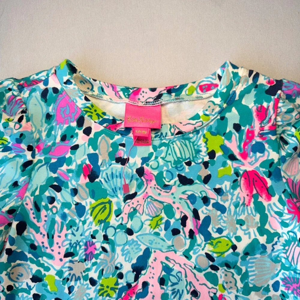 Lilly Pulitzer Girls Dress L‎ 8-10 Blue Pink Cotton Blend Diann Coastal Aquatic